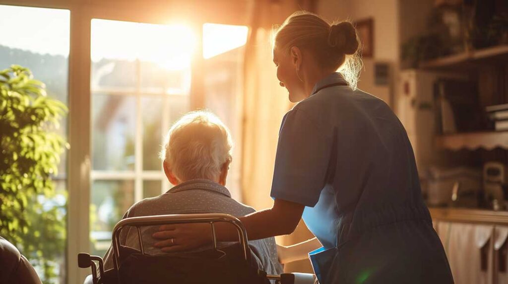 Older resident speaking with a family member in a bright assisted living lounge