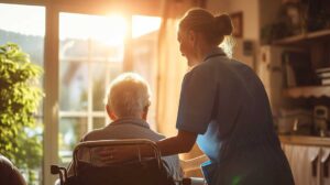 Older resident speaking with a family member in a bright assisted living lounge